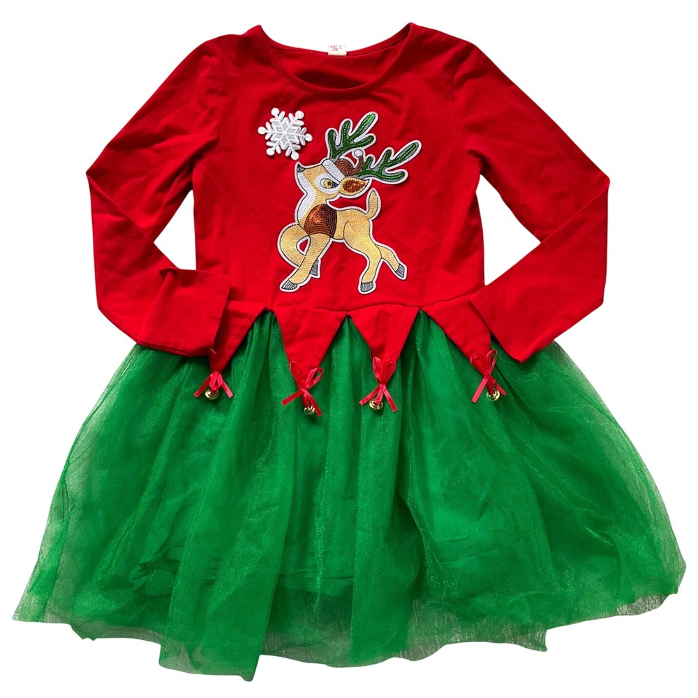 Sunny Fashion Girls Reindeer Christmas Tulle Dress 5/6 Sequin Jingle Bells Tutu